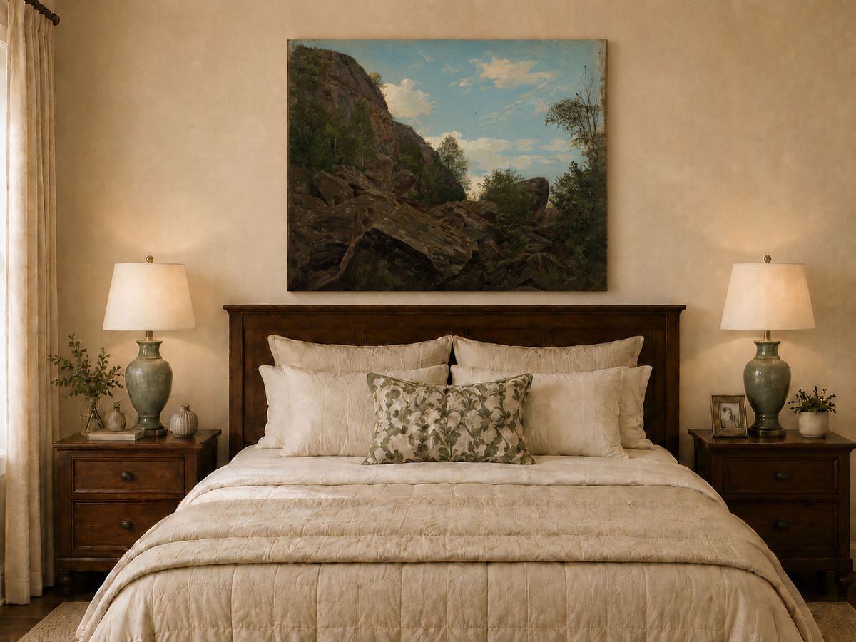 Landscape Oil Painting - Rocky Mountain Cliff and Forest Trees