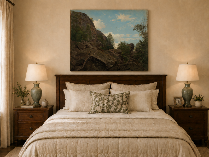 Landscape Oil Painting - Rocky Mountain Cliff and Forest Trees