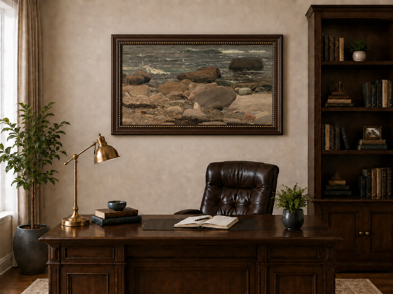Peinture à l'huile de paysage - Scène de rivière hivernale avec personnages et chevaux