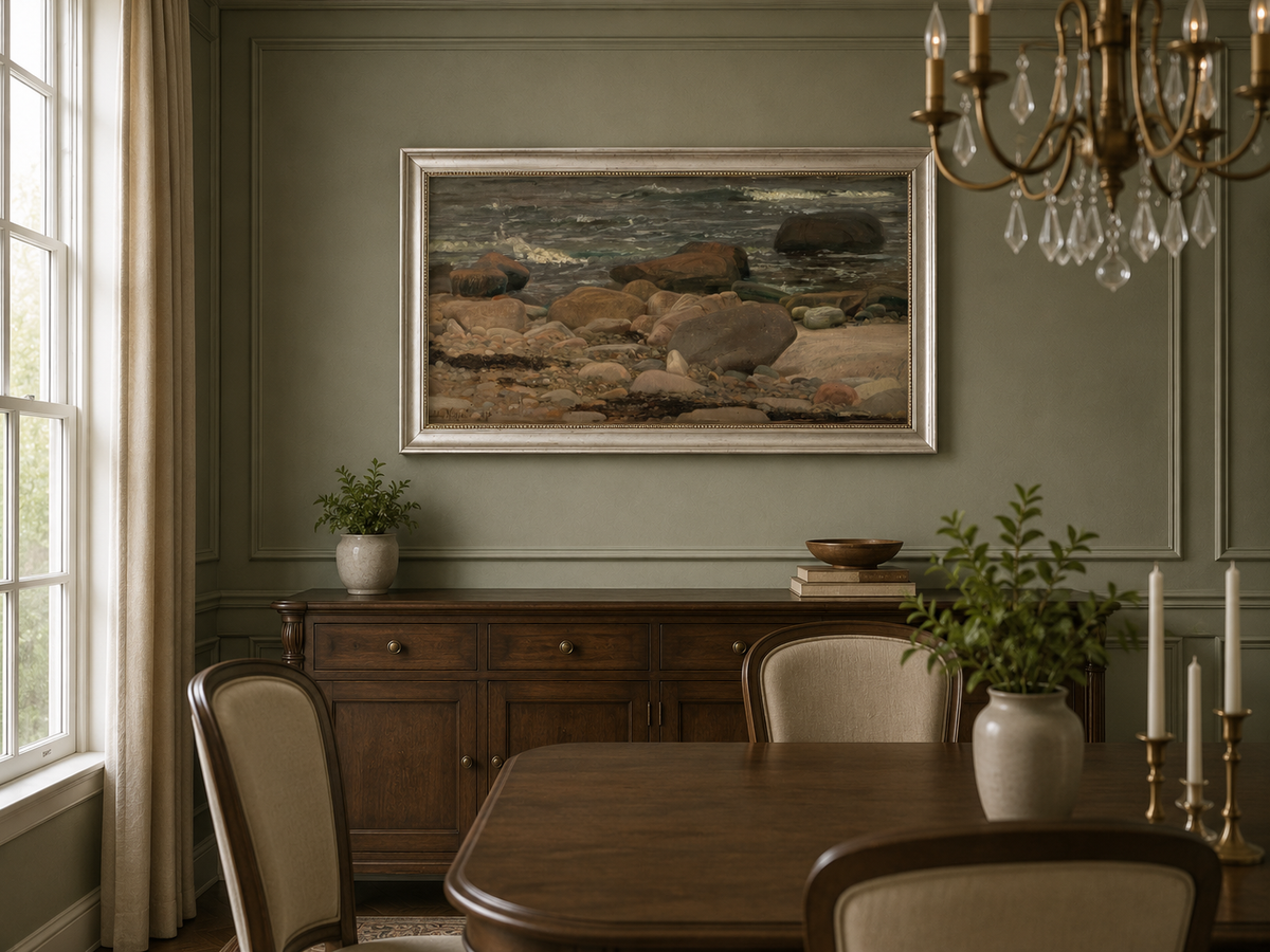 Peinture à l'huile de paysage - Scène de rivière hivernale avec personnages et chevaux