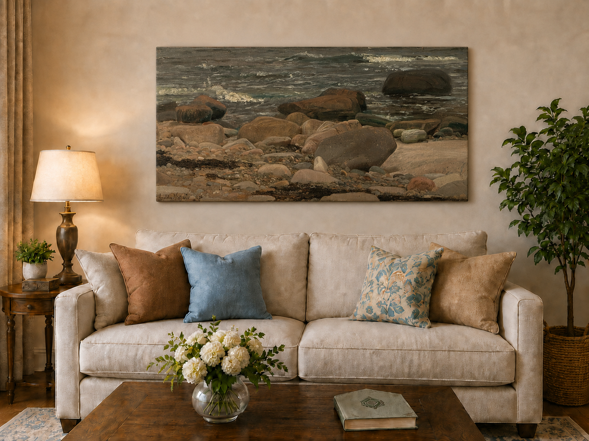 Peinture à l'huile de paysage - Scène de rivière hivernale avec personnages et chevaux