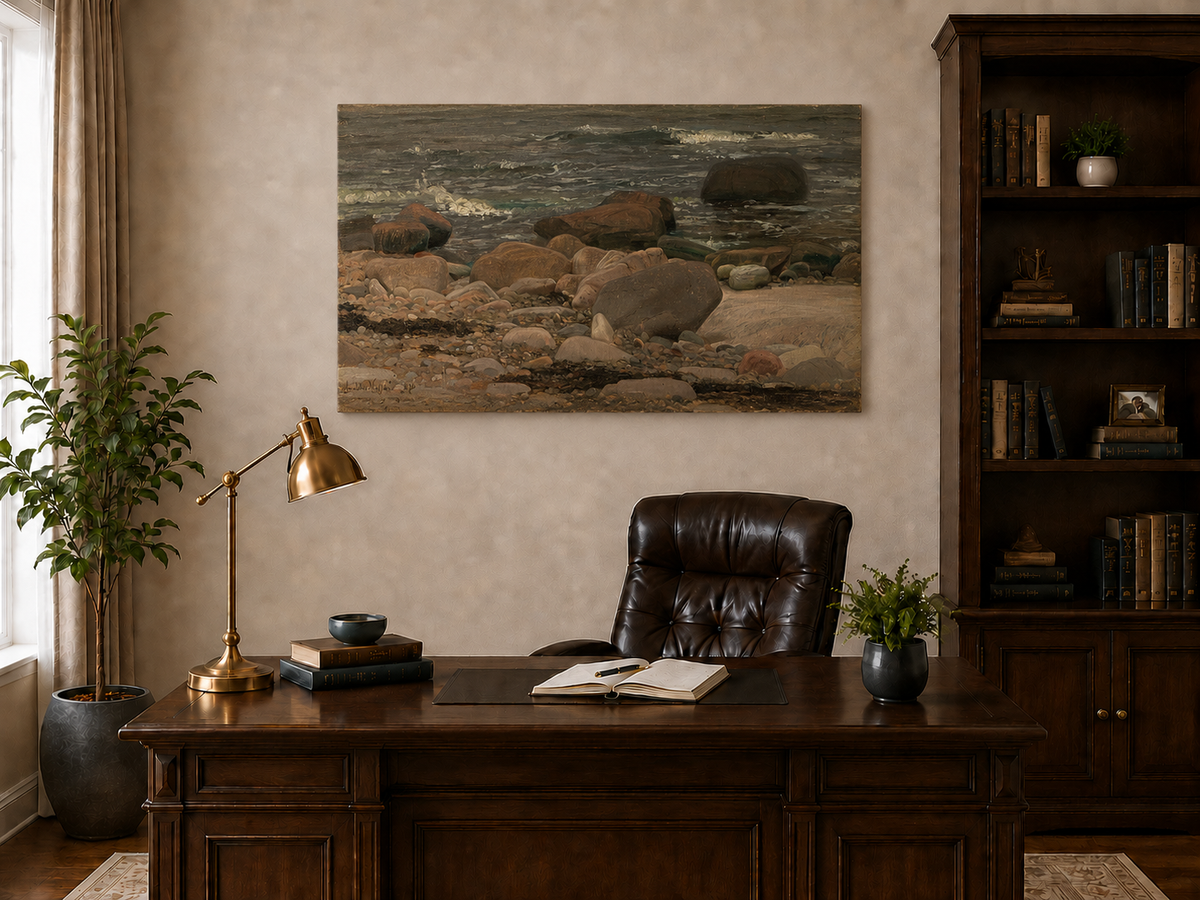Peinture à l'huile de paysage - Scène de rivière hivernale avec personnages et chevaux