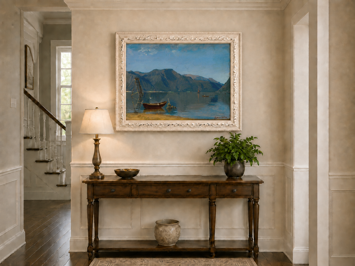 Landscape Oil Painting - Calm Mountain Lake with Small Boats
