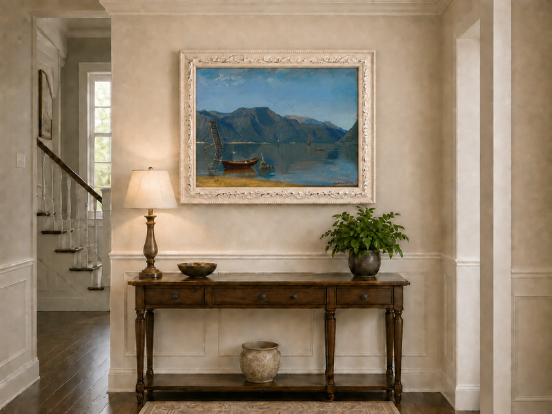 Landscape Oil Painting - Calm Mountain Lake with Small Boats