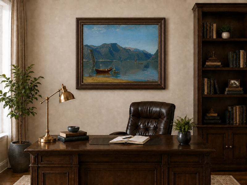 Landscape Oil Painting - Calm Mountain Lake with Small Boats
