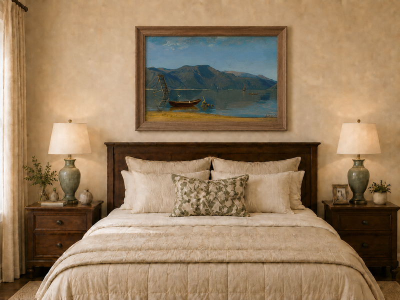 Landscape Oil Painting - Calm Mountain Lake with Small Boats