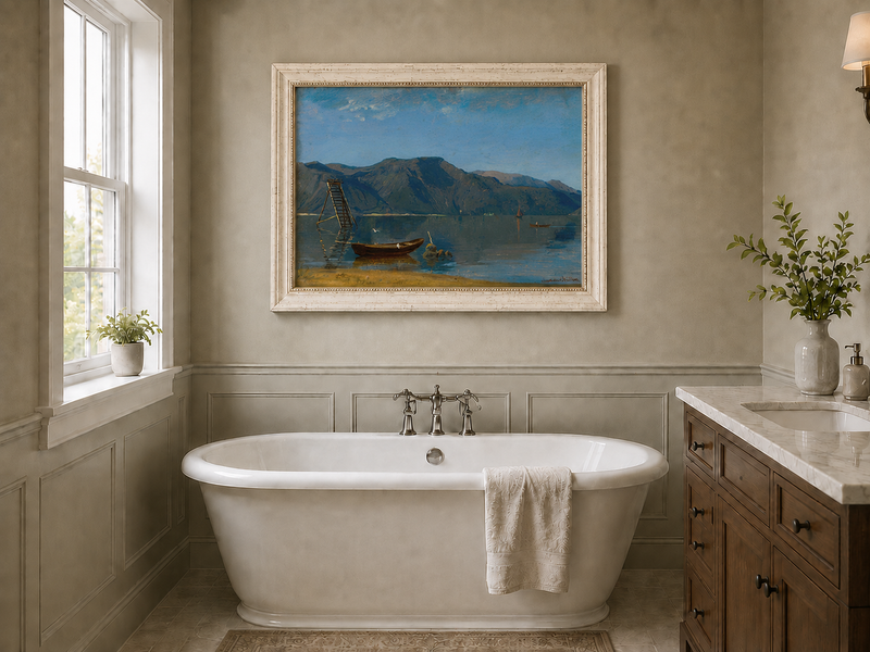 Landscape Oil Painting - Calm Mountain Lake with Small Boats
