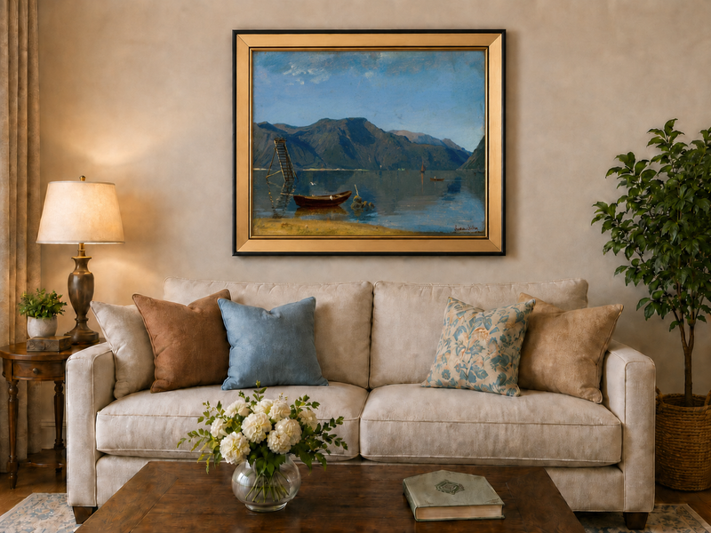 Landscape Oil Painting - Calm Mountain Lake with Small Boats