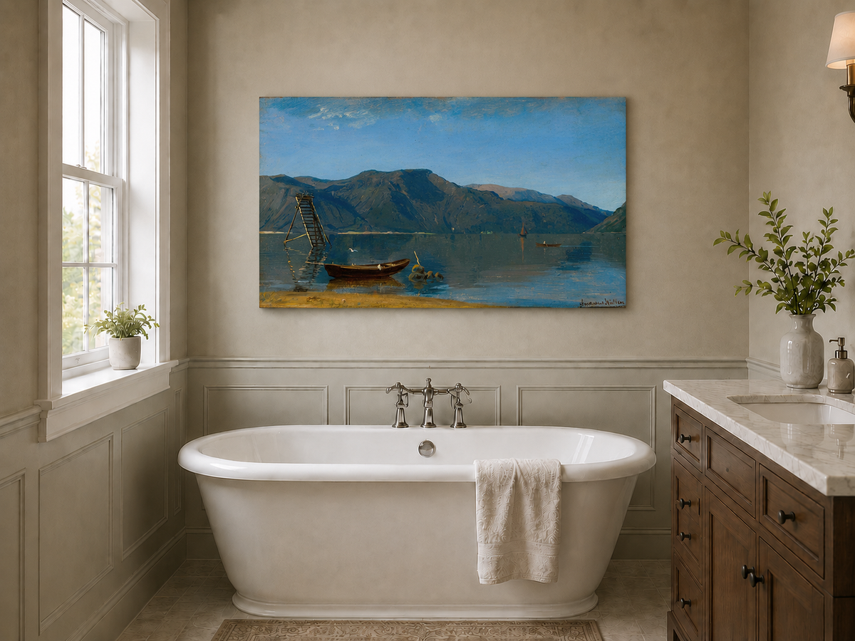 Landscape Oil Painting - Calm Mountain Lake with Small Boats