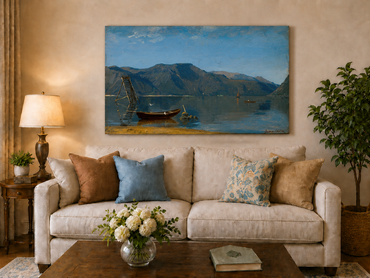 Landscape Oil Painting - Calm Mountain Lake with Small Boats