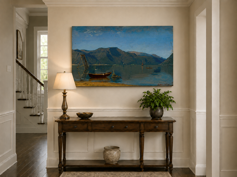 Landscape Oil Painting - Calm Mountain Lake with Small Boats