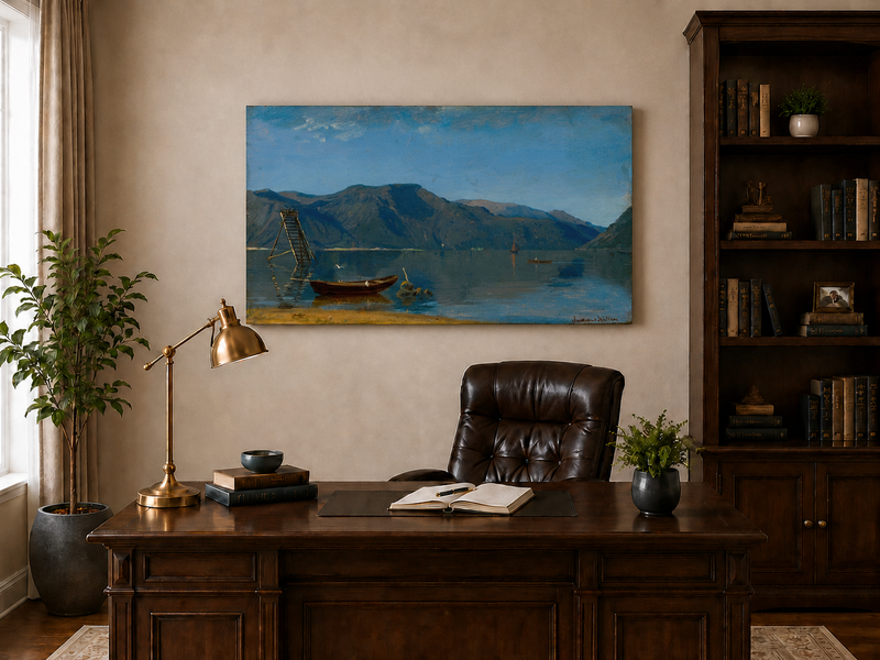 Landscape Oil Painting - Calm Mountain Lake with Small Boats