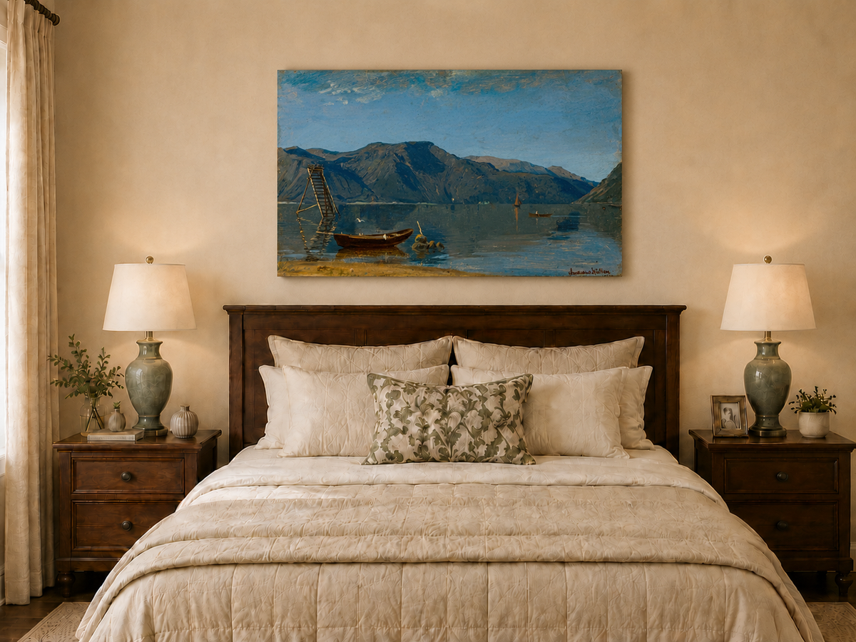Landscape Oil Painting - Calm Mountain Lake with Small Boats