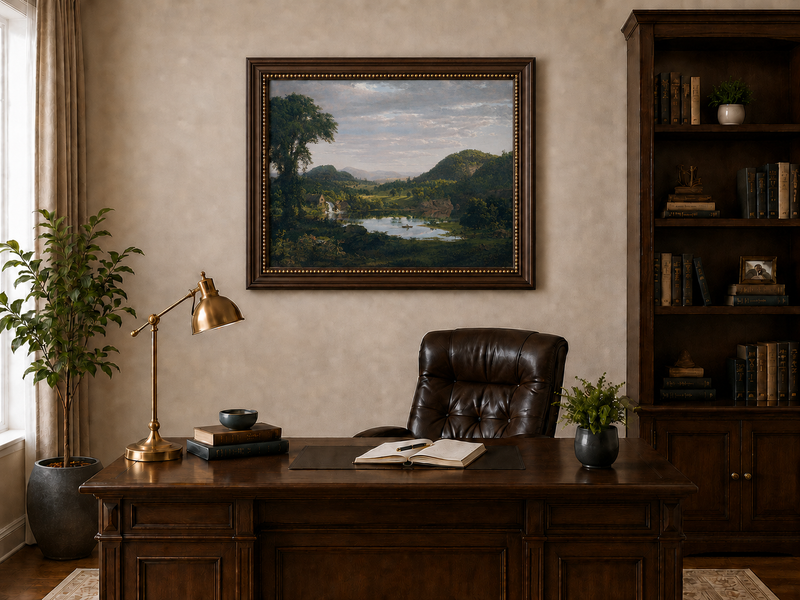 Peinture à l'huile de paysage - Village côtier avec phare et coucher de soleil