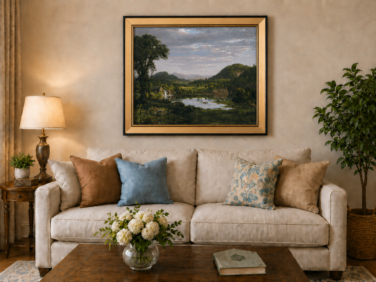 Peinture à l'huile de paysage - Village côtier avec phare et coucher de soleil