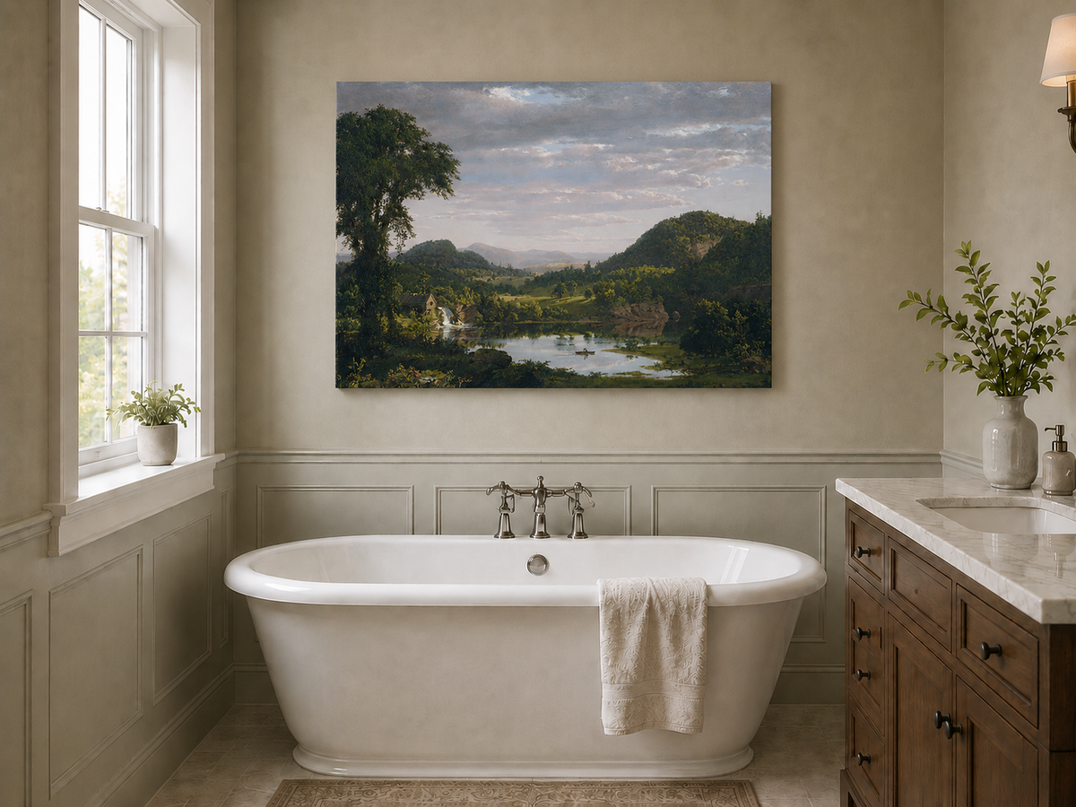 Peinture à l'huile de paysage - Village côtier avec phare et coucher de soleil