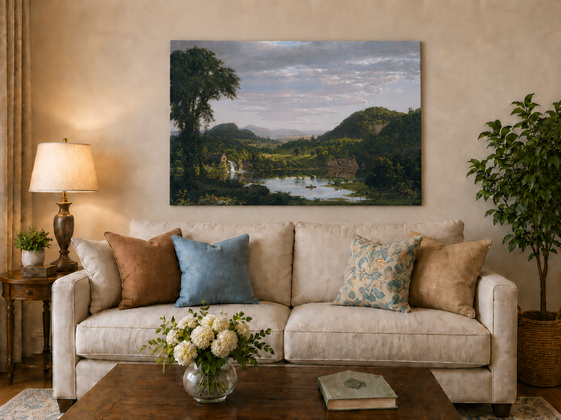 Peinture à l'huile de paysage - Village côtier avec phare et coucher de soleil