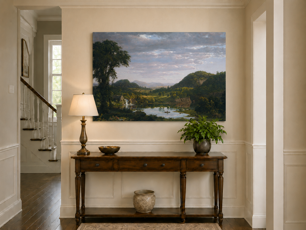 Peinture à l'huile de paysage - Village côtier avec phare et coucher de soleil