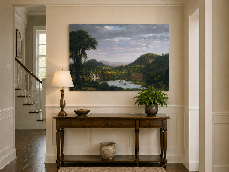 Peinture à l'huile de paysage - Village côtier avec phare et coucher de soleil