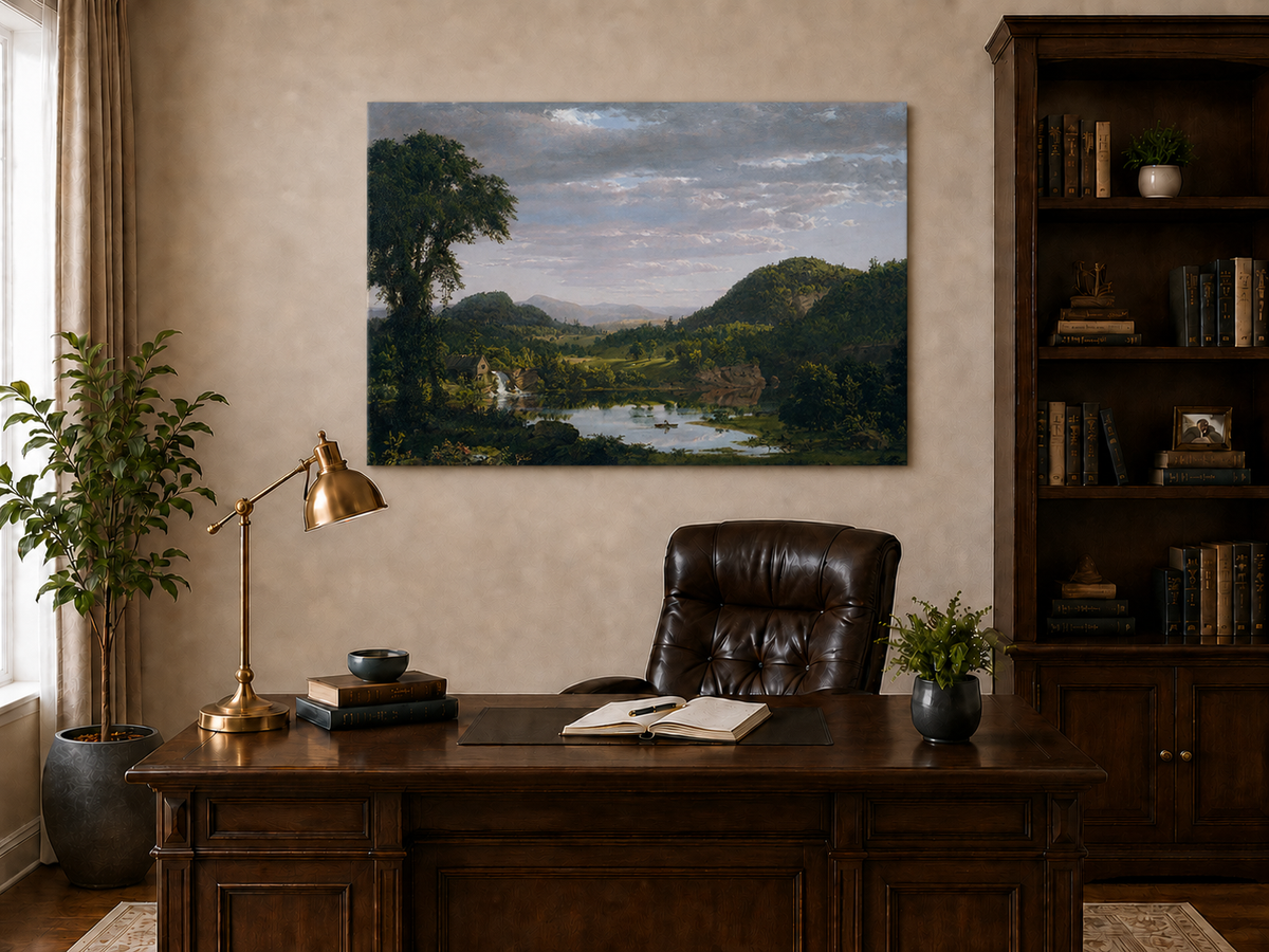 Peinture à l'huile de paysage - Village côtier avec phare et coucher de soleil