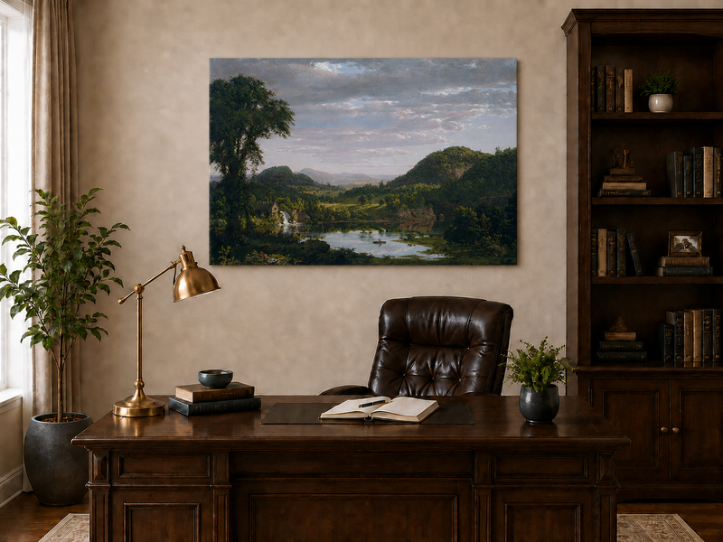 Peinture à l'huile de paysage - Village côtier avec phare et coucher de soleil