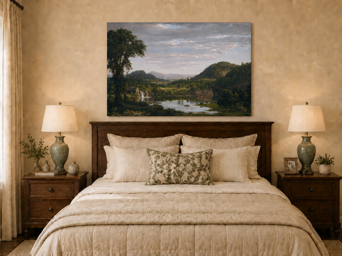 Peinture à l'huile de paysage - Village côtier avec phare et coucher de soleil