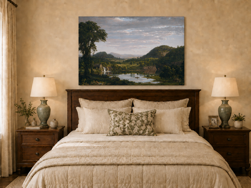 Peinture à l'huile de paysage - Village côtier avec phare et coucher de soleil