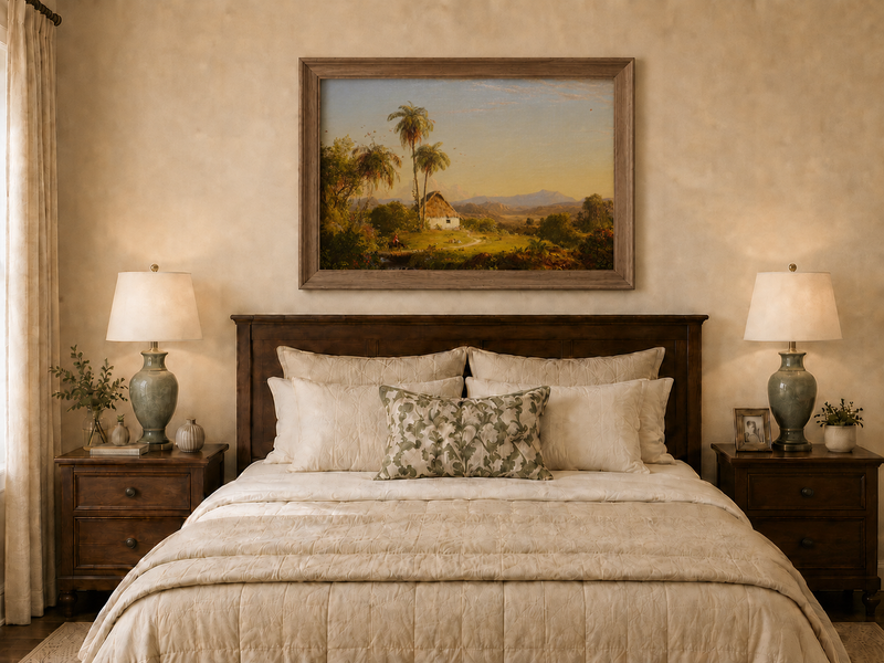 Landscape Oil Painting - Tropical Valley with Palm Cottage