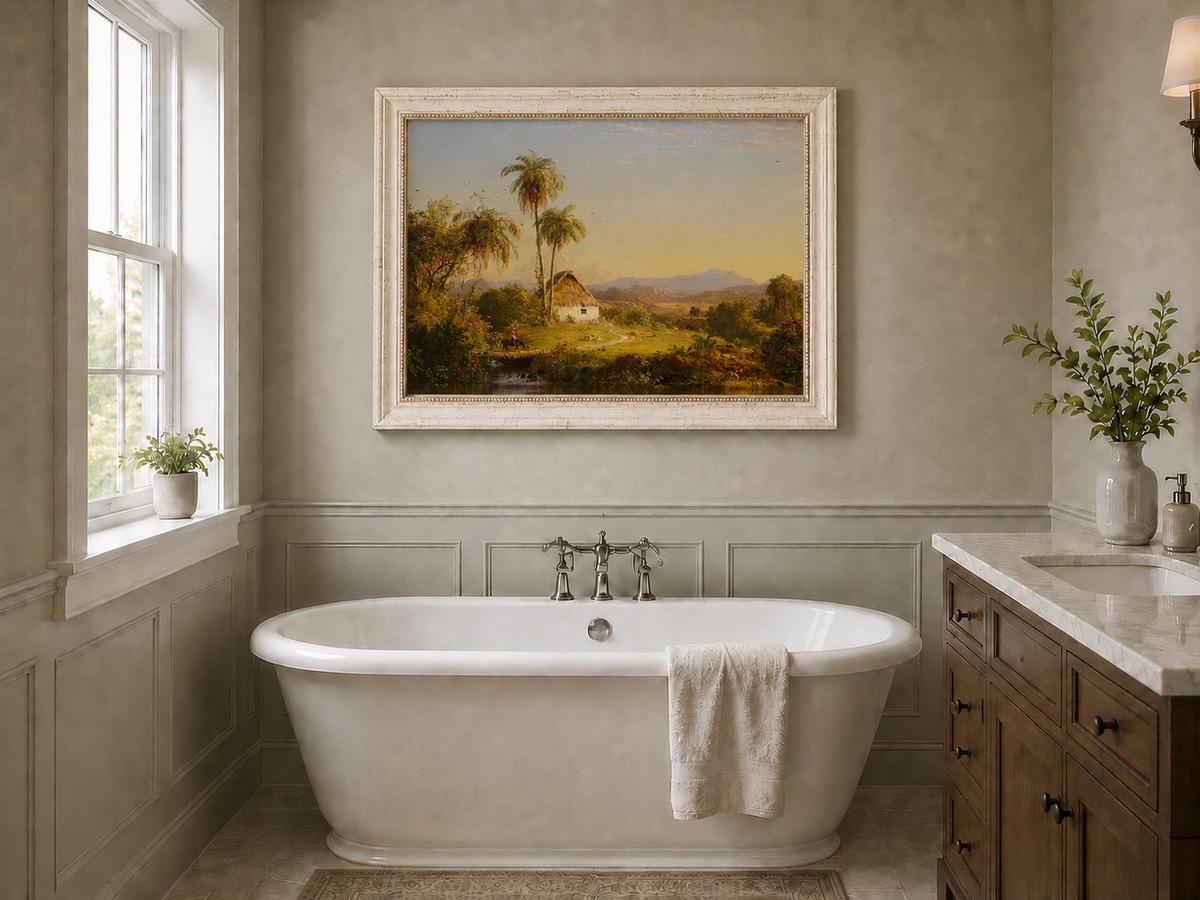 Landscape Oil Painting - Tropical Valley with Palm Cottage