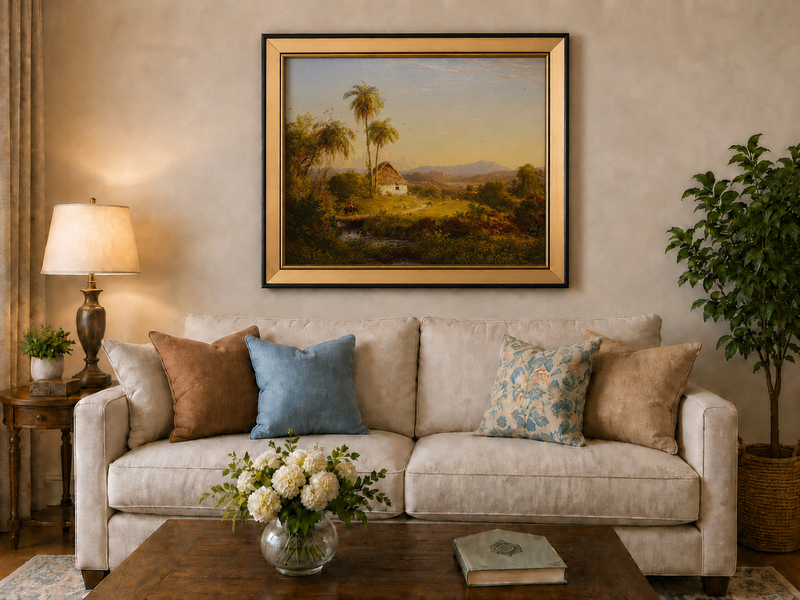 Landscape Oil Painting - Tropical Valley with Palm Cottage