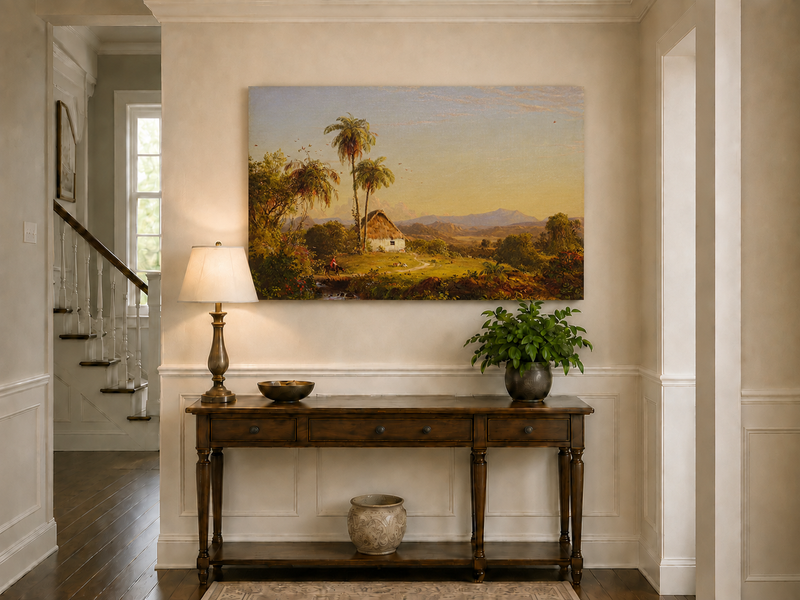 Landscape Oil Painting - Tropical Valley with Palm Cottage