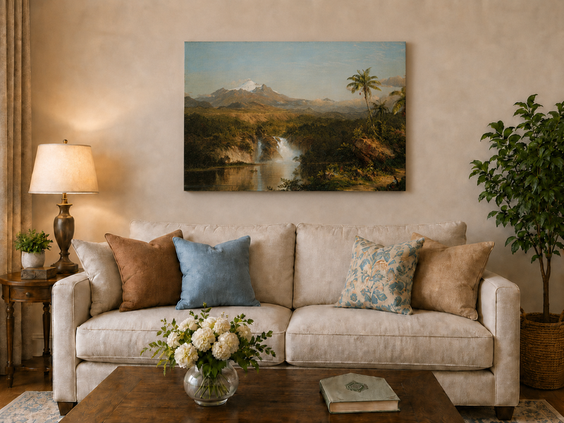 Landscape Oil Painting - Hand-Painted Tropical Waterfall View