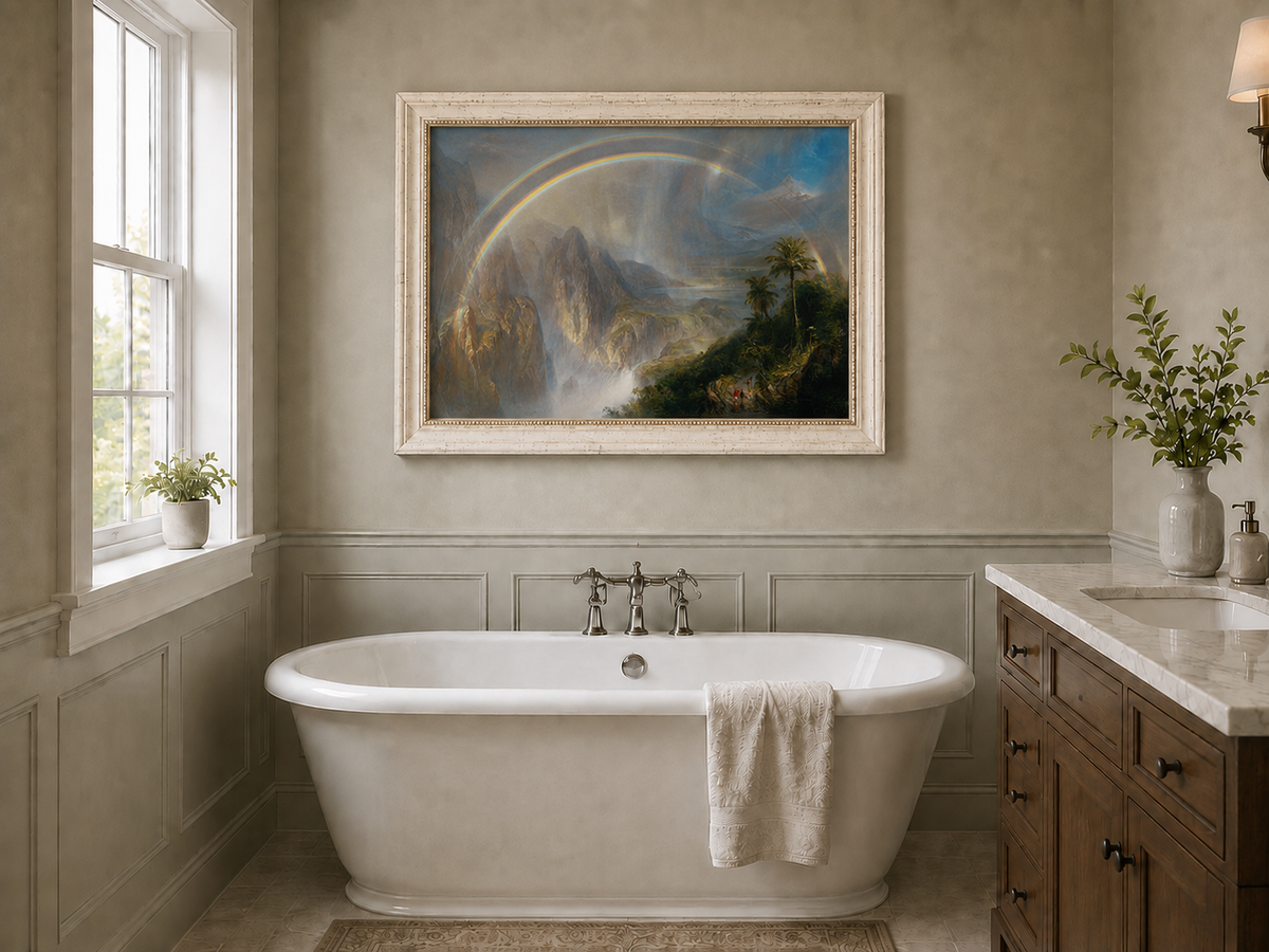 Landscape Oil Painting - Double Rainbow Tropical Valley & Misty