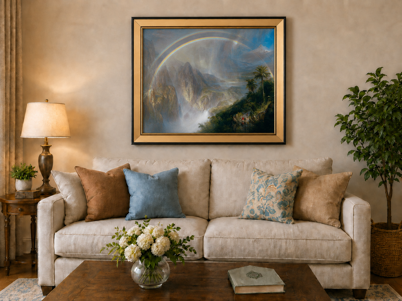 Landscape Oil Painting - Double Rainbow Tropical Valley & Misty