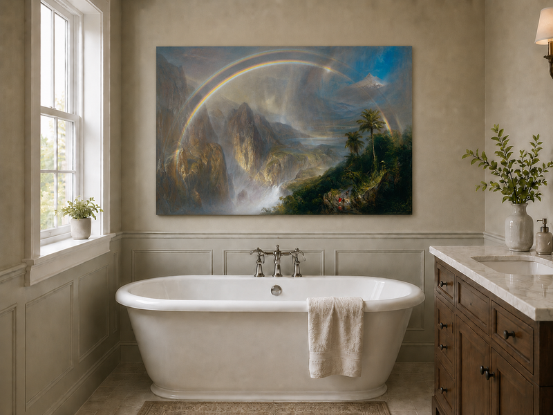 Landscape Oil Painting - Double Rainbow Tropical Valley & Misty