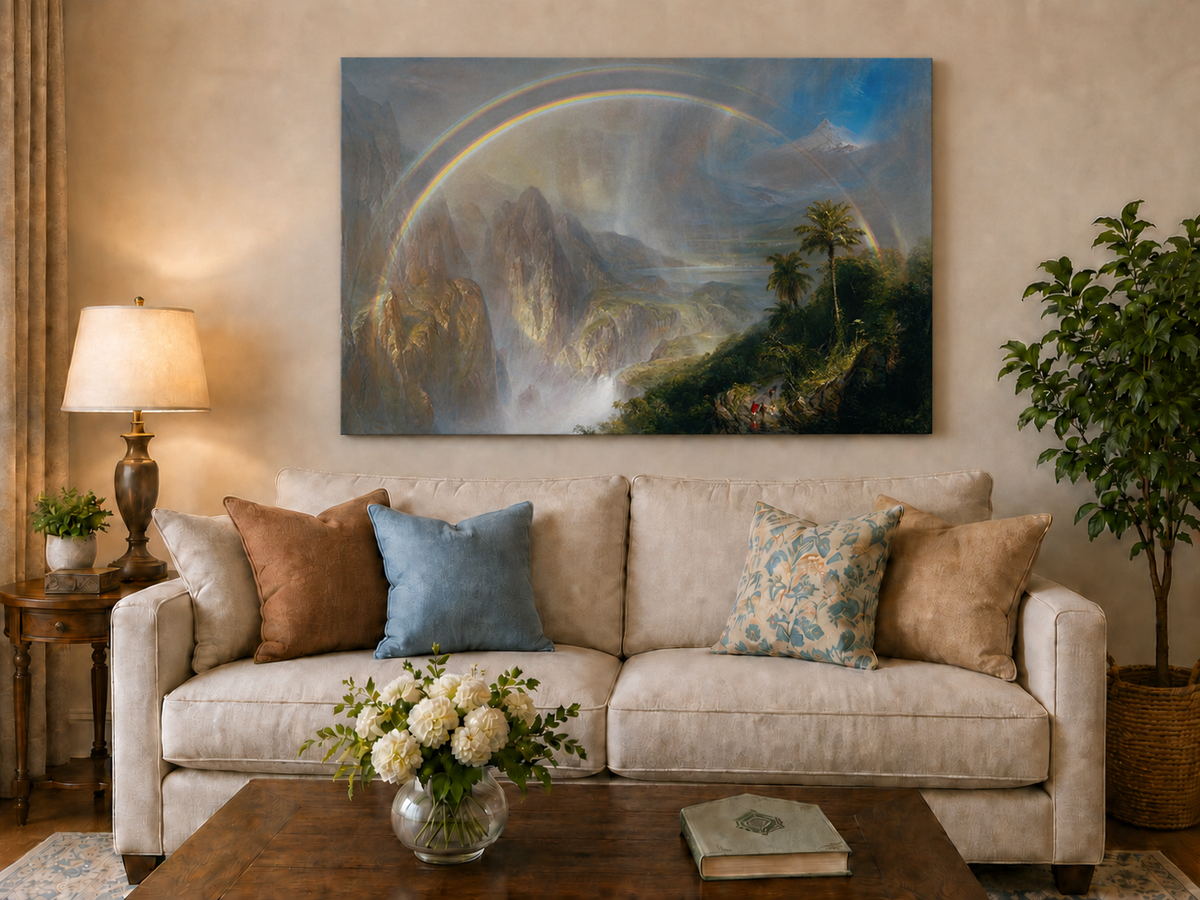 Landscape Oil Painting - Double Rainbow Tropical Valley & Misty