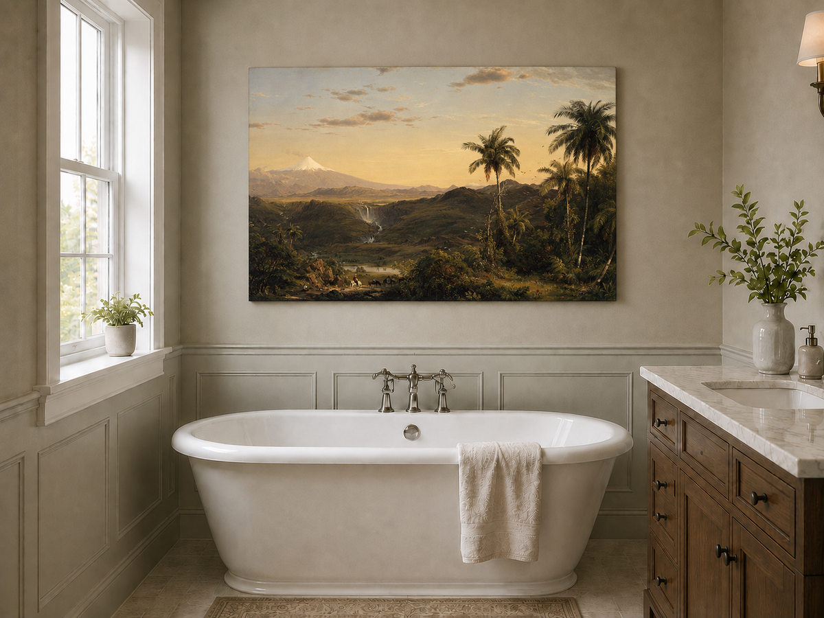 Peinture à l'huile de paysage - Crépuscule dans la vallée tropicale et pics enneigés