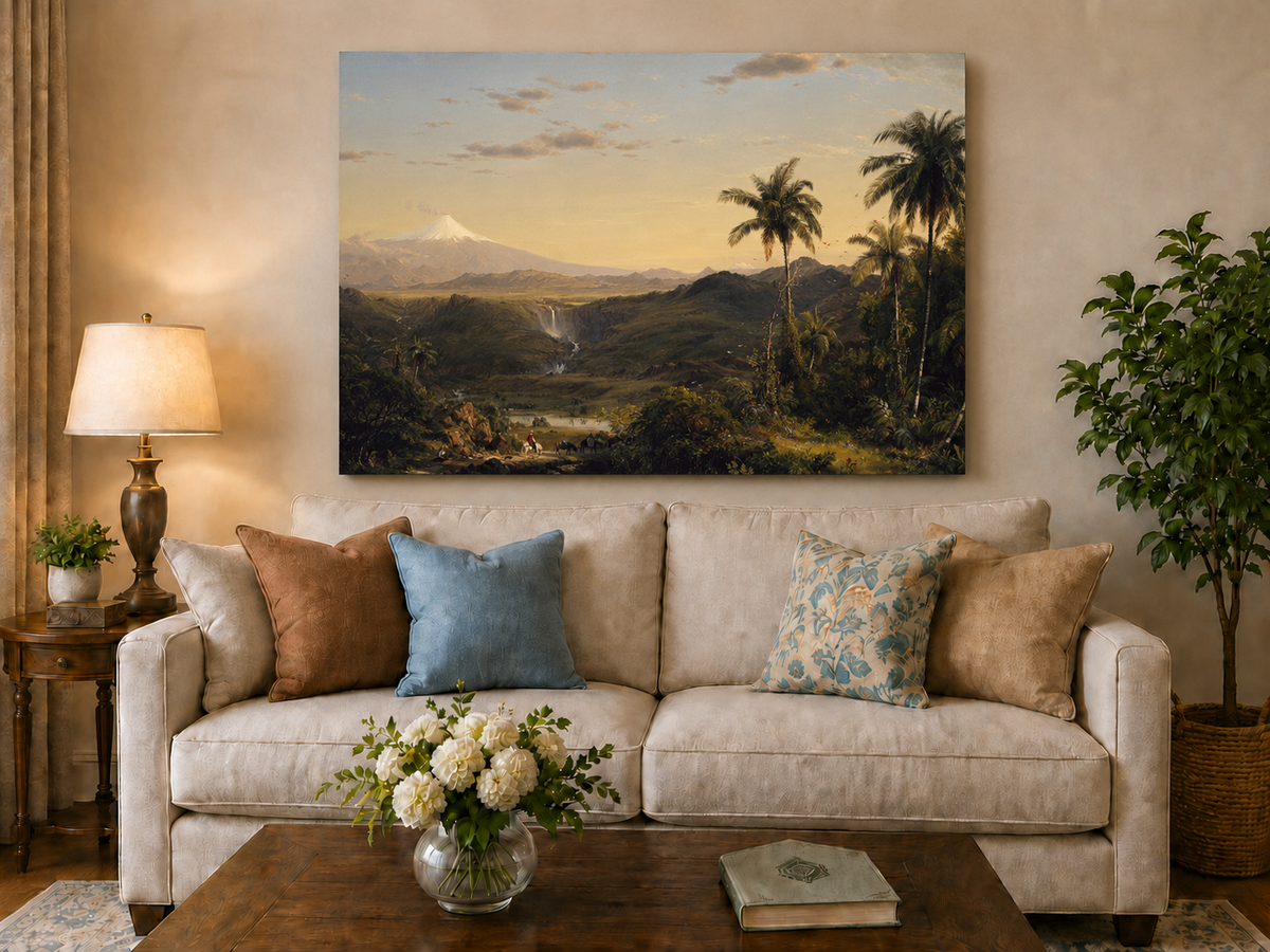 Peinture à l'huile de paysage - Crépuscule dans la vallée tropicale et pics enneigés