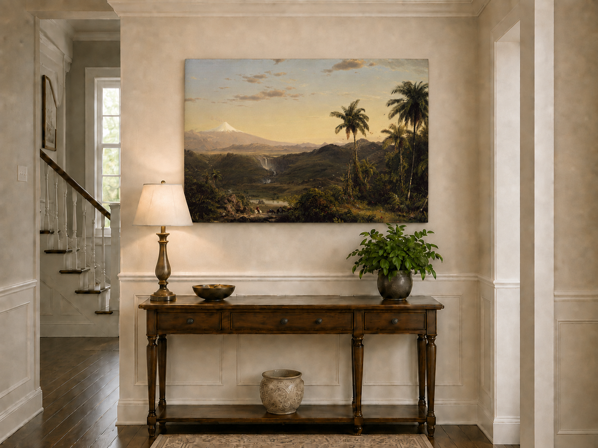 Peinture à l'huile de paysage - Crépuscule dans la vallée tropicale et pics enneigés