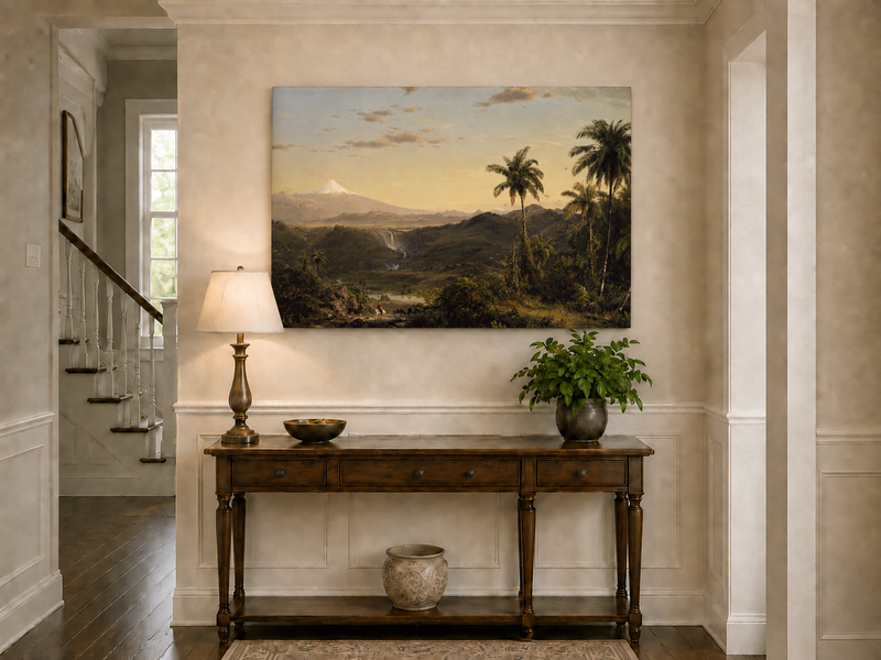 Peinture à l'huile de paysage - Crépuscule dans la vallée tropicale et pics enneigés