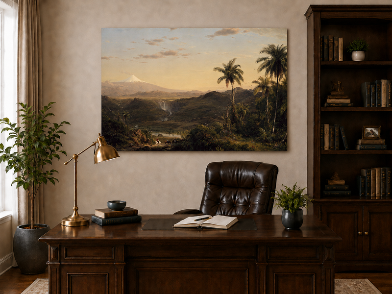 Peinture à l'huile de paysage - Crépuscule dans la vallée tropicale et pics enneigés