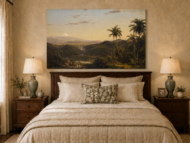 Peinture à l'huile de paysage - Crépuscule dans la vallée tropicale et pics enneigés