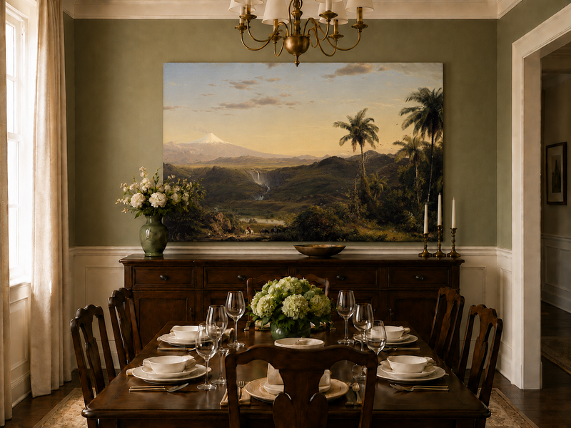 Peinture à l'huile de paysage - Crépuscule dans la vallée tropicale et pics enneigés