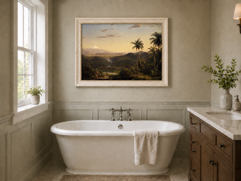 Peinture à l'huile de paysage - Crépuscule dans la vallée tropicale et pics enneigés