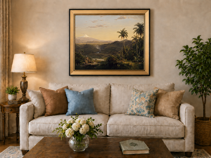 Peinture à l'huile de paysage - Crépuscule dans la vallée tropicale et pics enneigés