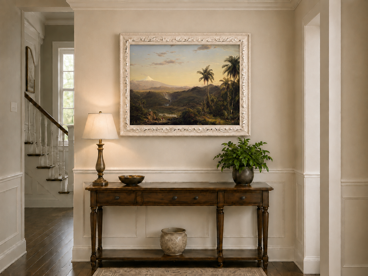 Peinture à l'huile de paysage - Crépuscule dans la vallée tropicale et pics enneigés