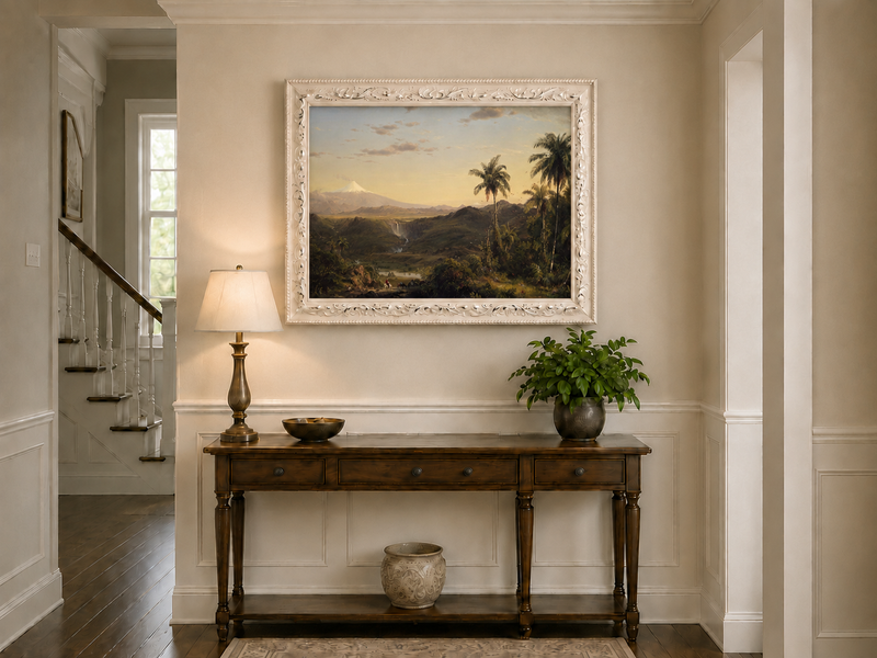 Peinture à l'huile de paysage - Crépuscule dans la vallée tropicale et pics enneigés