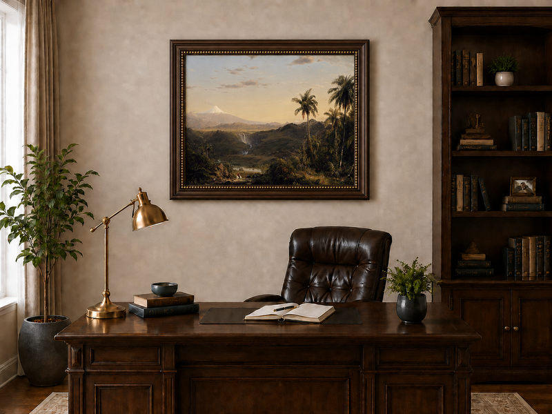Peinture à l'huile de paysage - Crépuscule dans la vallée tropicale et pics enneigés
