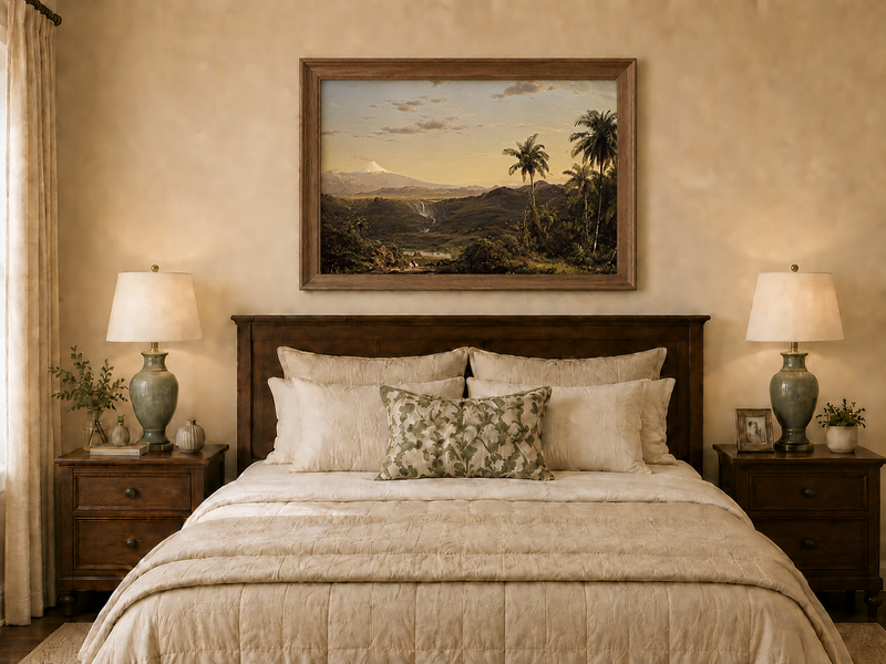 Peinture à l'huile de paysage - Crépuscule dans la vallée tropicale et pics enneigés