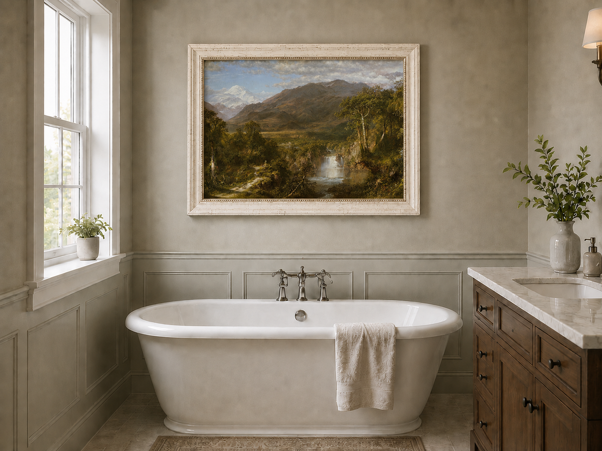 Landscape Oil Painting - Valley Snow-Capped Peak & Waterfall